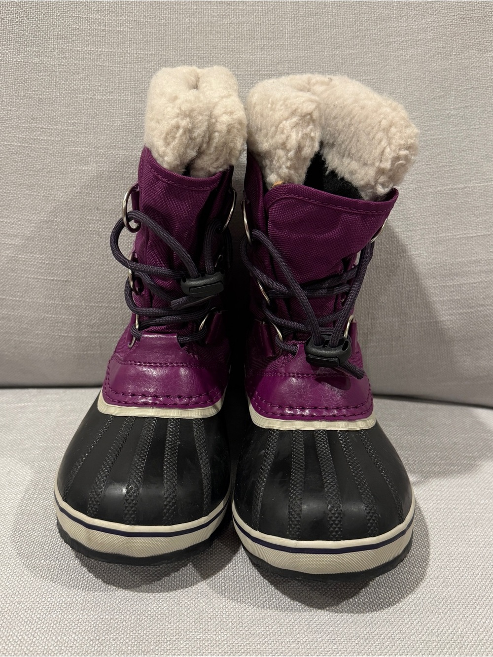 Sorel YOOT PAC Purple and Black Winter Duck Boots with Cream Faux Fur